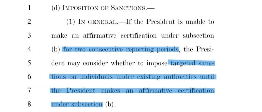 الفقرة D1 من التشريع 8369 لإلغاء قانون قيصر والتي ينص على امكانية  الرئيس الأمريكي فرض العقوبات غقب انقضاء فترتين من التقارير الدورية شريطة استهدافها لافراد محددين دون استهداف الدولة باكملها