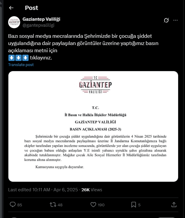 ولاية غازي عنتاب التركية تؤكد اعتقال صاحب فيديو تعنيف الطفلة الوحشي 