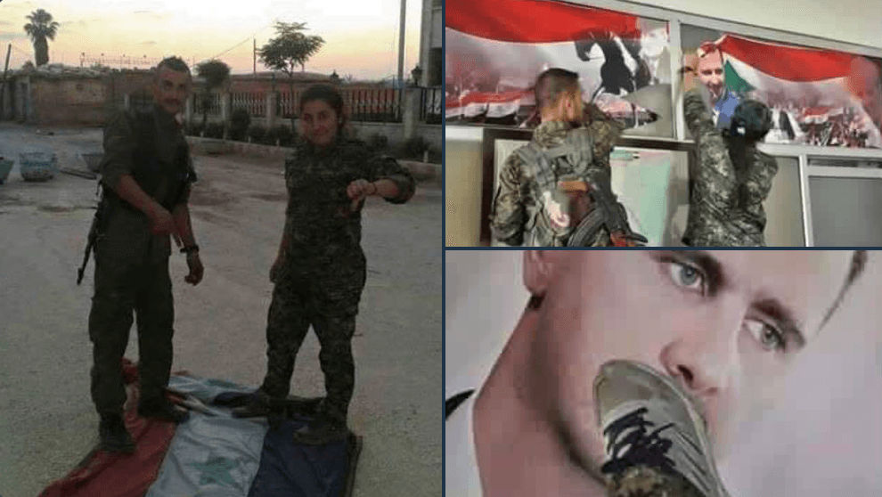 صور المقاتلين الأكراد وهم يدوسون علم النظام قديمة وليست من الاقتتال الأخير