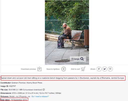 الصورة الأصلية للرجل المسن في العاصمة الرومانية بوخارست عام 2012 | موقع alamy