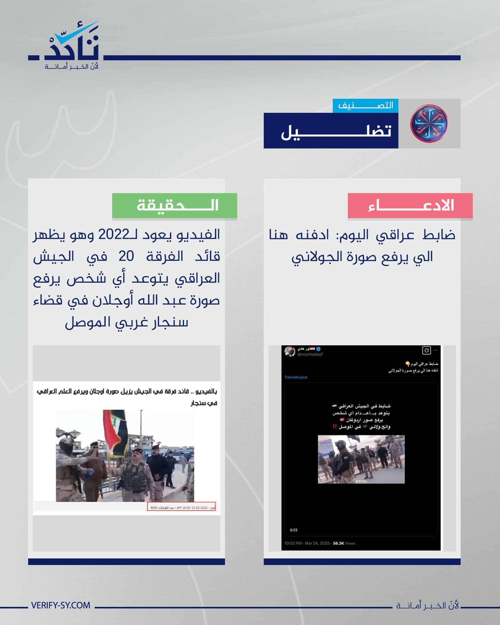 المقطع قديم ولا يظهر ضابطًا عراقيًا يتوعد من يرفع صور الرئيسين الشرع وأردوغان في الموصل