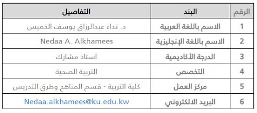 نداء عبدالرزاق يوسف الخميس أستاذ مشارك في تخصص التربية الصحية في كلية التربية بجامعة الكويت